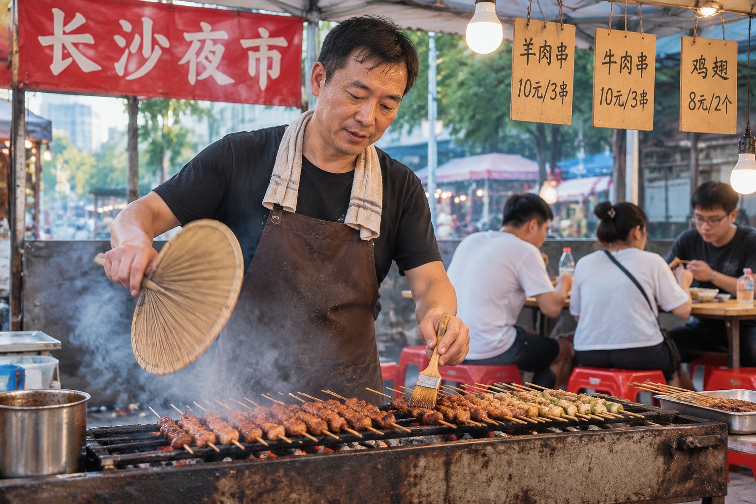 A street food vendor grilling skewers over charcoal at a Changsha night market with customers seated on plastic stools nearby