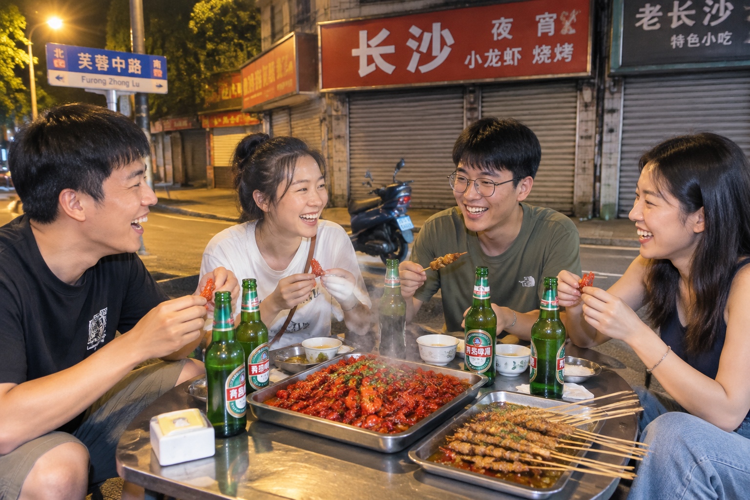 Young friends eating a late-night supper of crayfish and beer at a roadside table in Changsha with steam rising from the food