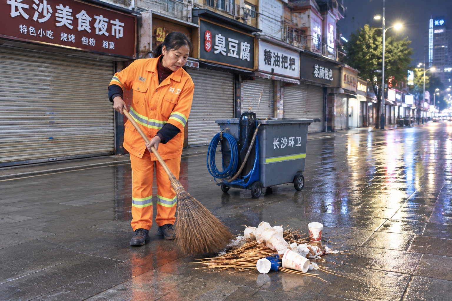 A sanitation worker sweeping a night market street in Changsha at 4 a.m. with closed shop shutters and a cleaning cart behind him