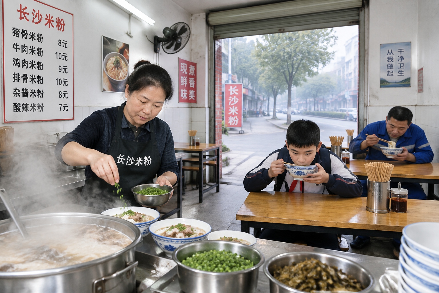 A small rice noodle shop opening at dawn in Changsha with a schoolboy in uniform and a worker eating breakfast at simple tables