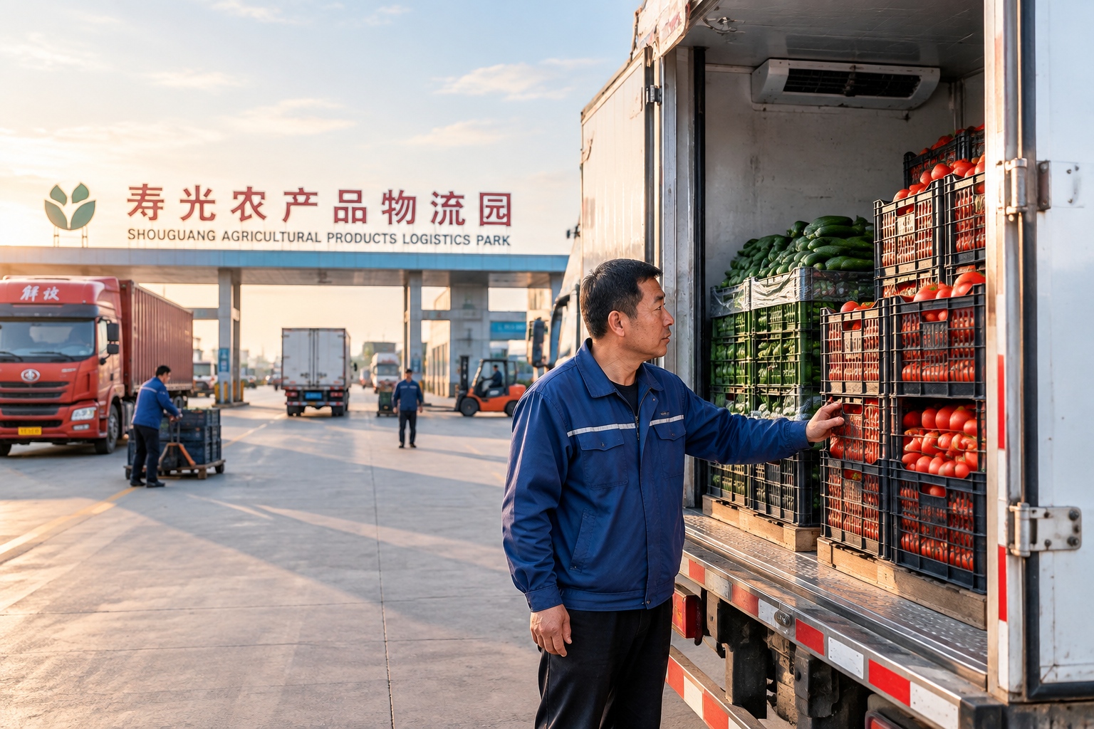 Truck driver inspecting refrigerated trailer loaded with fresh vegetables at Shouguang agricultural logistics park in Shandong, China