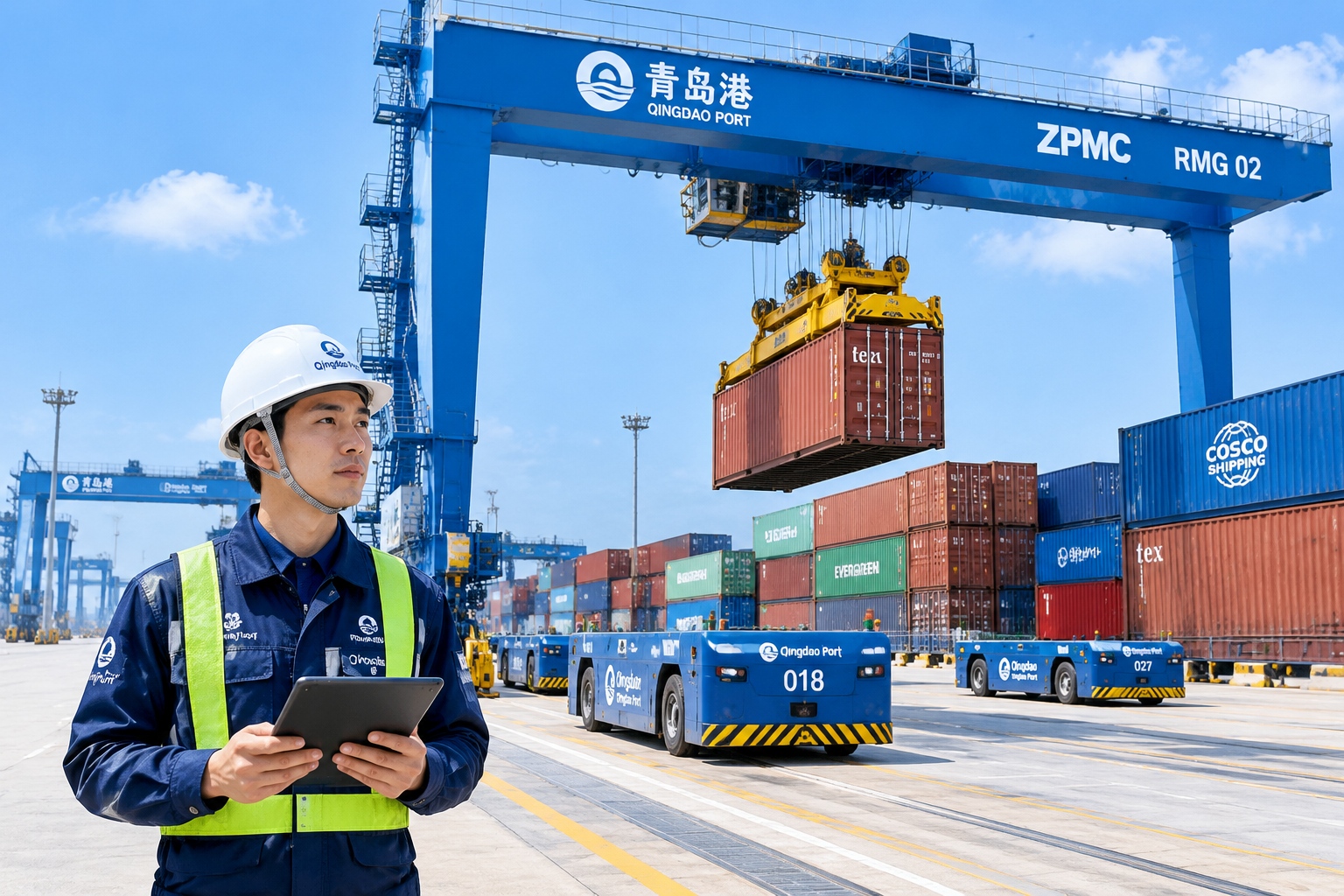 Automated container terminal at Qingdao Port in Shandong, China, with cranes moving shipping containers