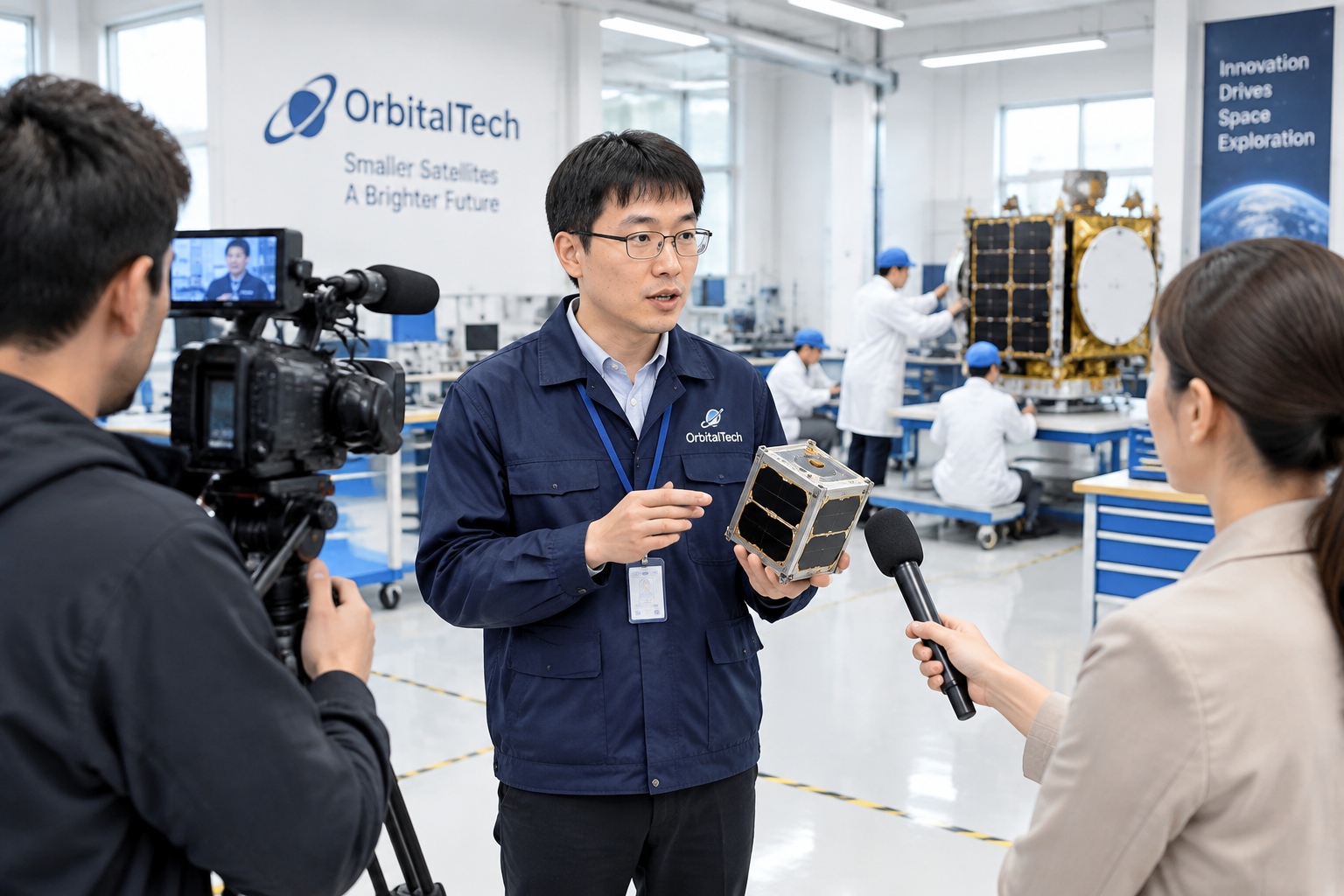 Engineers demonstrating satellite components in a Chinese high-tech manufacturing plant during a live stream recording.