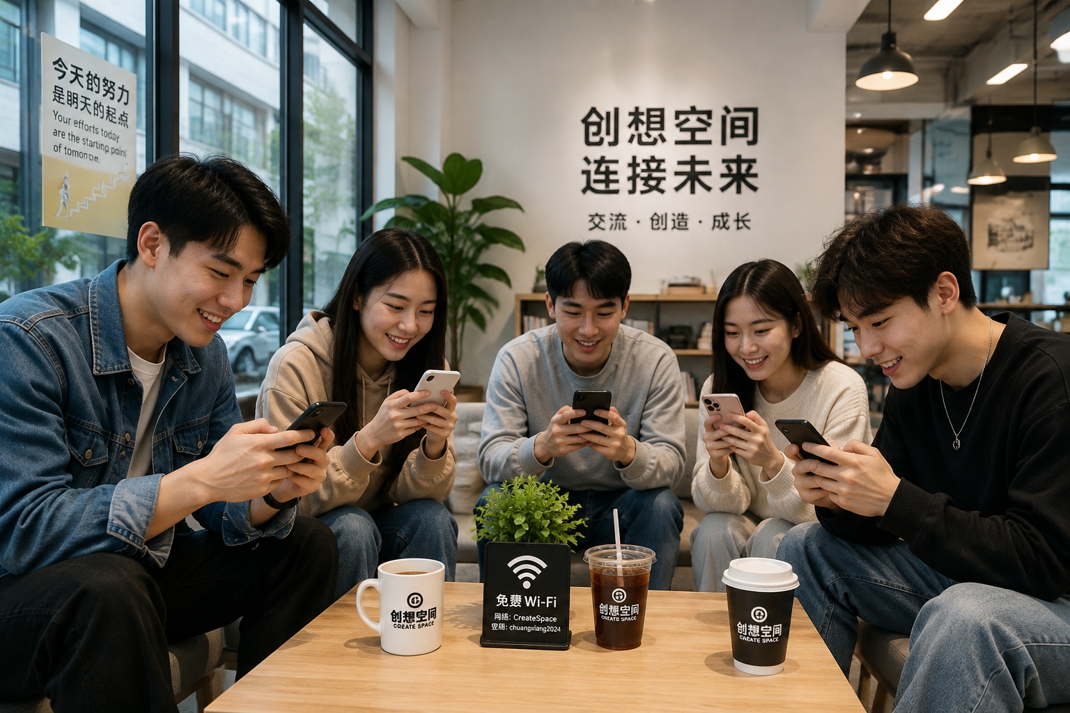 Young Chinese consumers engaging with live streaming sales apps in a modern urban cafe.