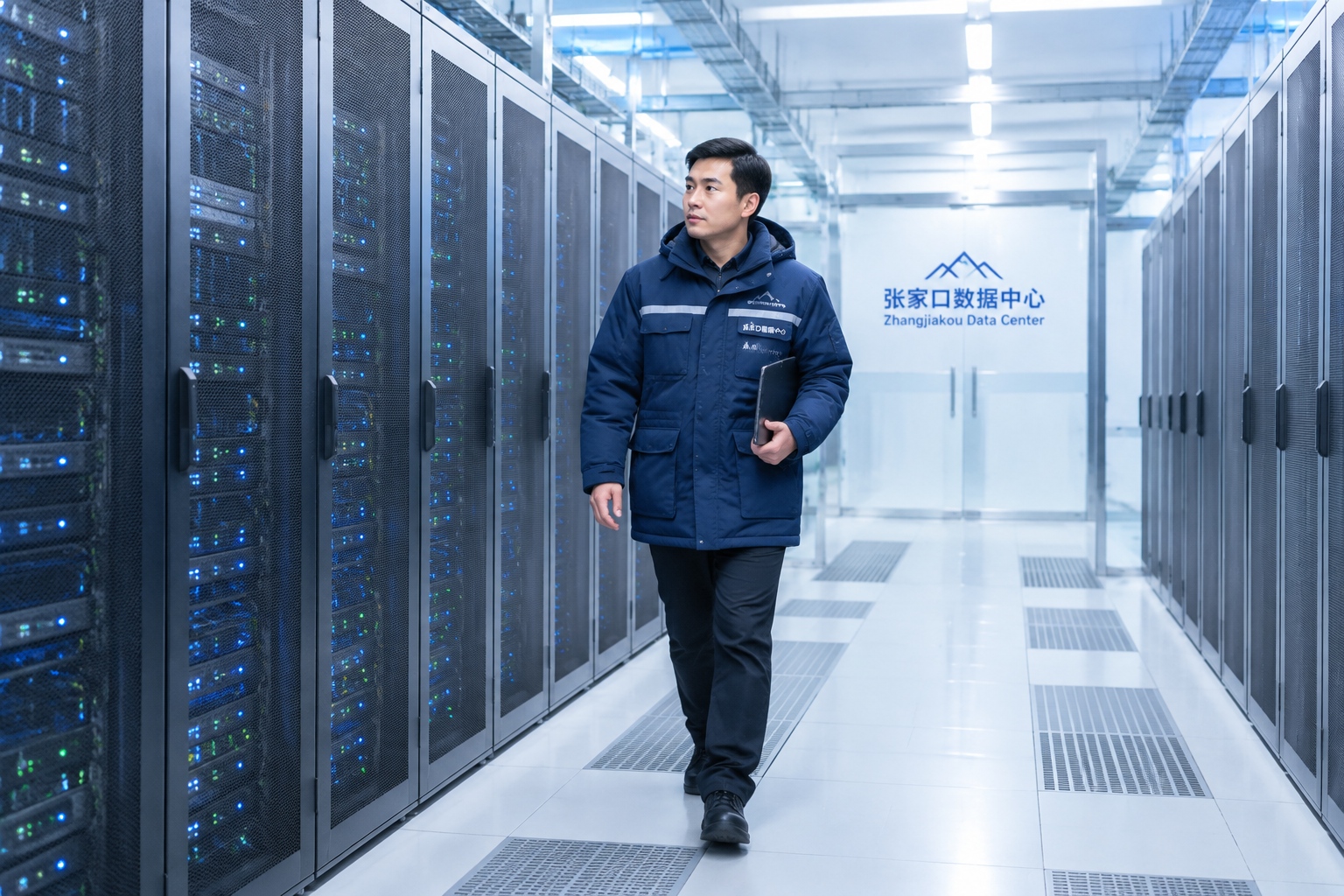 Technician walking between server racks inside a data center in Zhangjiakou