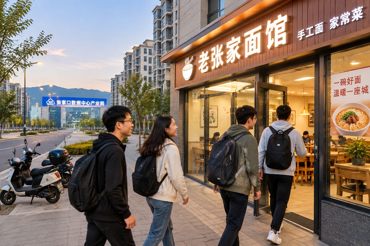 Young engineers at a noodle shop near Zhangjiakou data center park