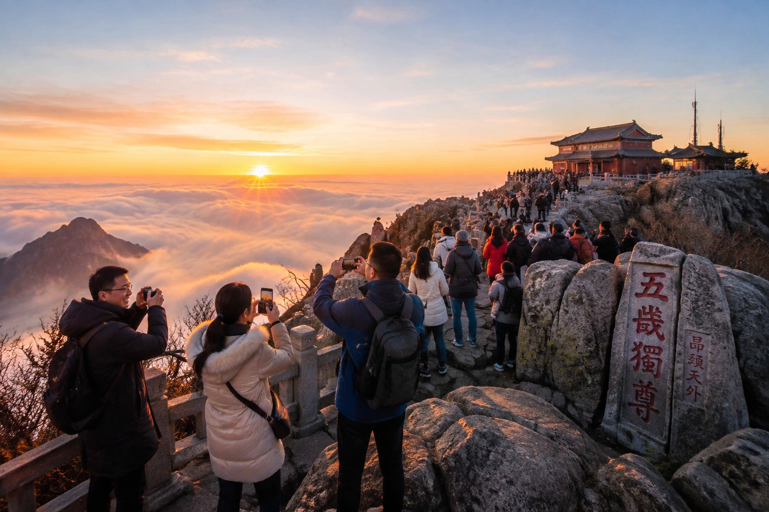 Sunrise over a sea of clouds seen from Mount Tai summit with hikers watching in silhouette