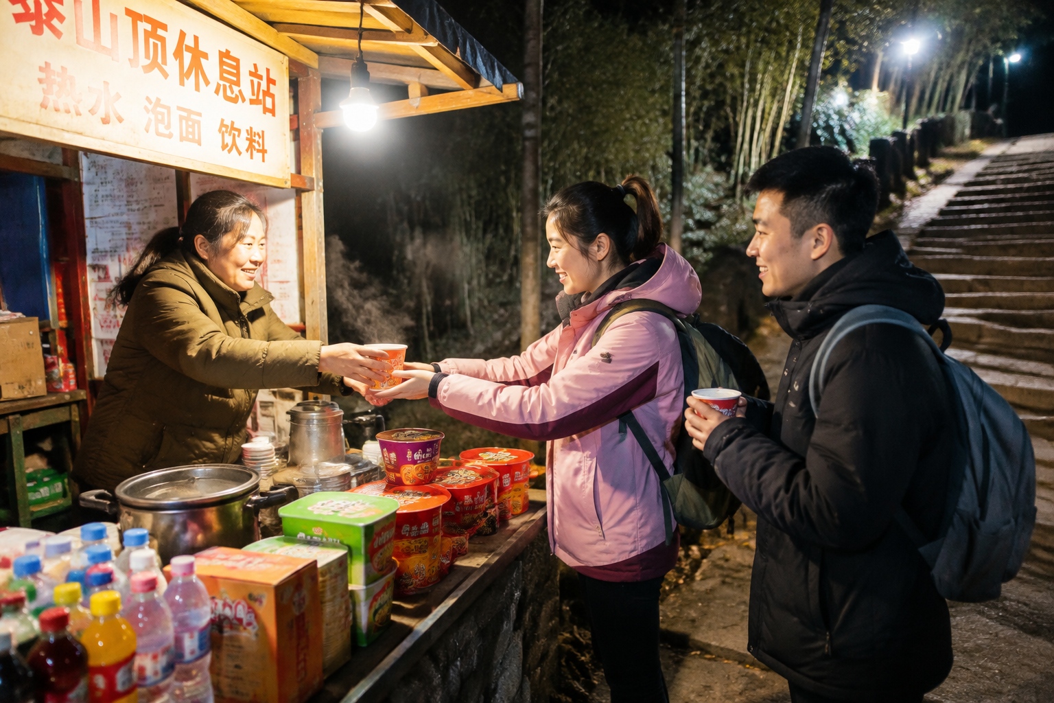 Vendor serving hot tea to hikers at a night rest stop on Mount Tai