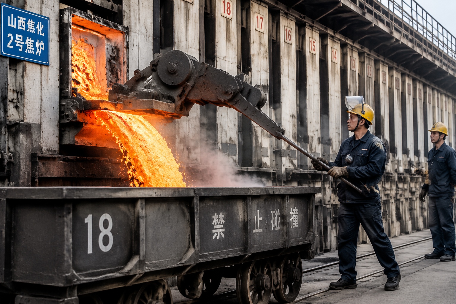 Workers release red-hot coke from a coke oven at a Shanxi coking plant in China