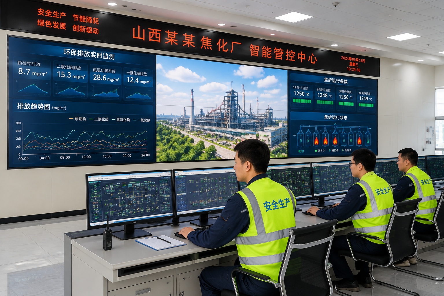 Operators monitor emission data and furnace conditions in a control room at a Chinese coking plant