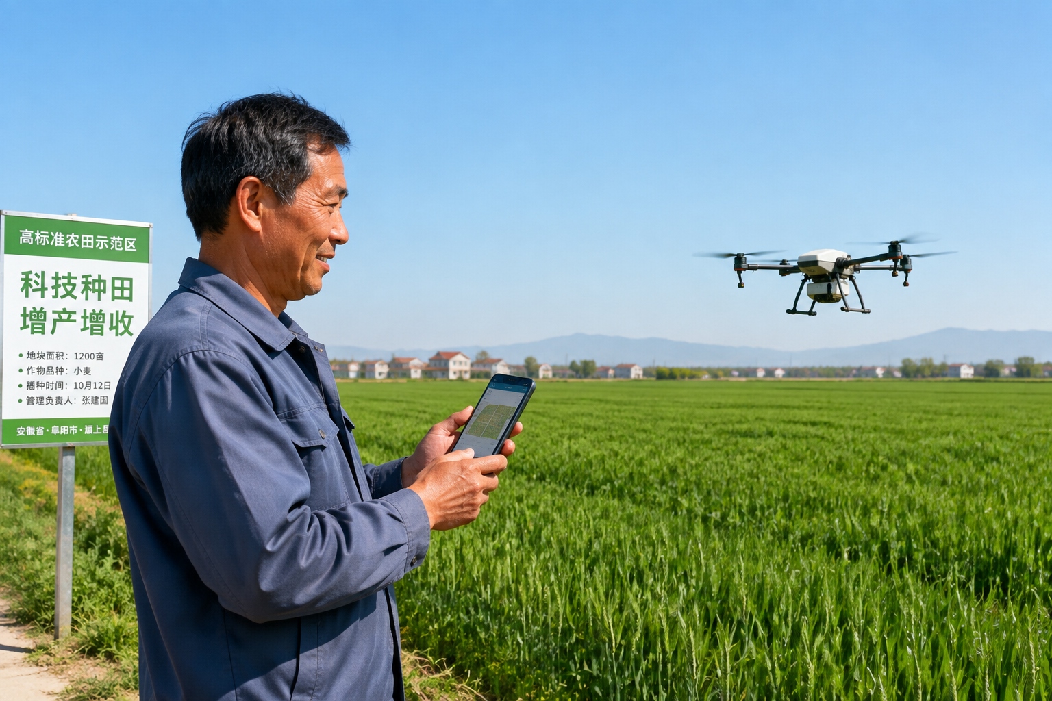 Chinese farmer in Anhui viewing his consolidated large field with a drone flying overhead