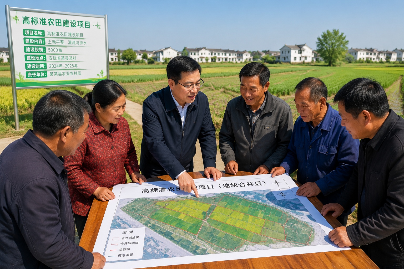 Village meeting in Anhui discussing the small fields to big fields consolidation plan with a land map
