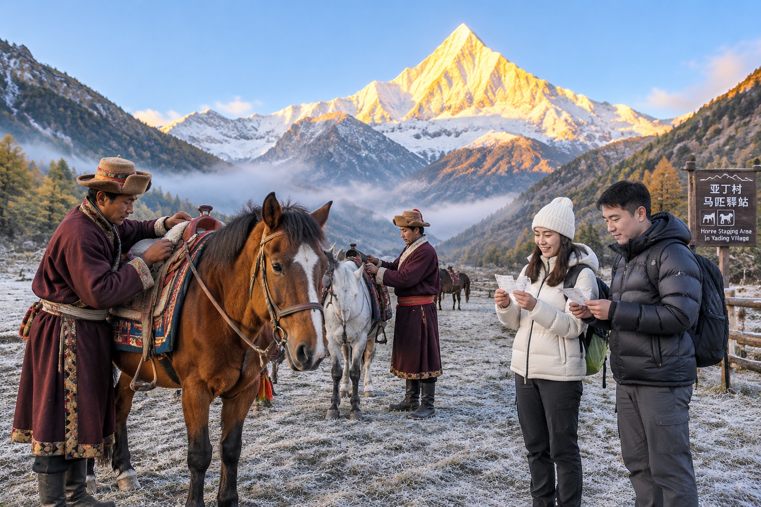 Tibetan herders preparing horses for tourists at Daocheng Yading village in early morning