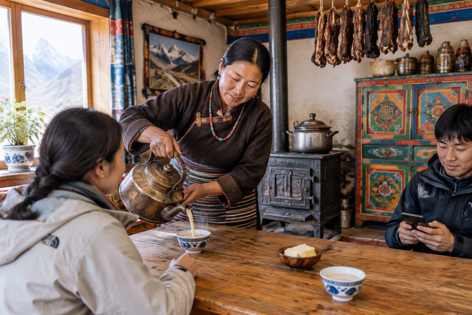Tibetan herder family serving butter tea to tourists in their guesthouse in Daocheng Yading