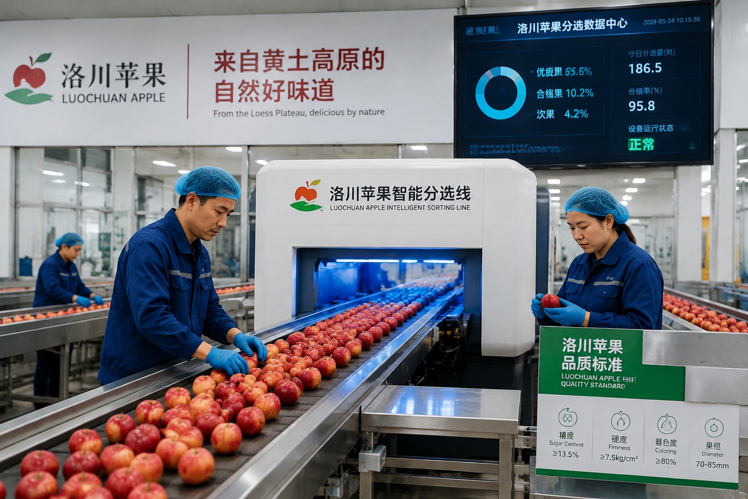 Workers inspect Luochuan apples on a conveyor belt in a high-tech sorting facility
