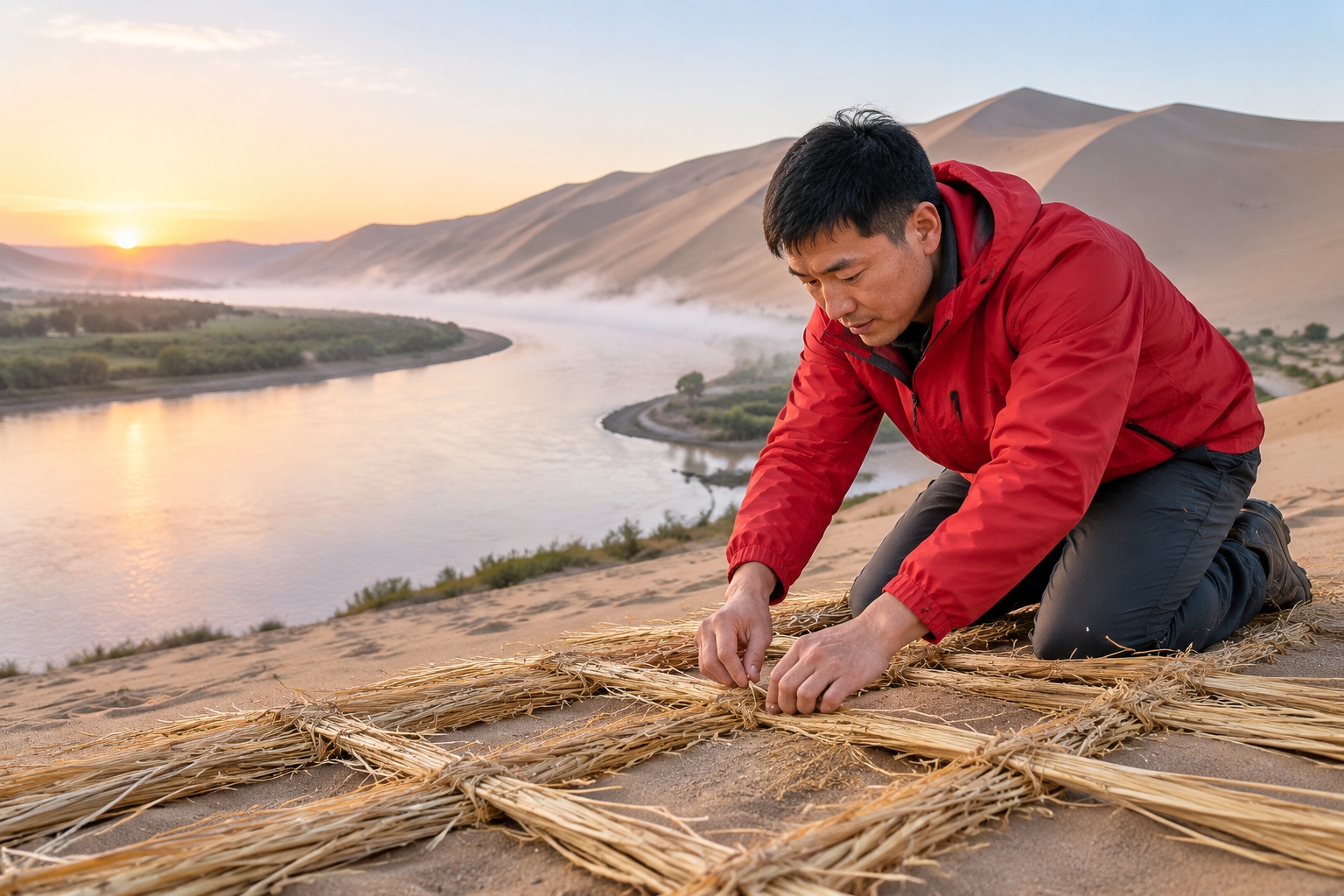 Man kneeling on the sand at Shapotou working on a straw checkboard, with the Yellow River and Tengger Desert dunes in the background at dawn.