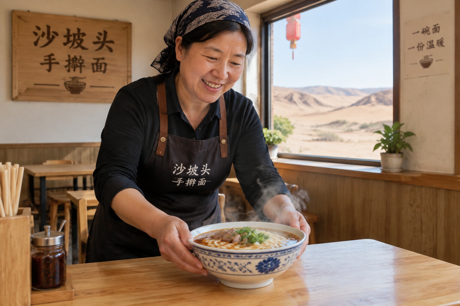 Zhang Yongxia, owner of a noodle shop outside Shapotou, serves a bowl of hand-pulled noodles to a customer.