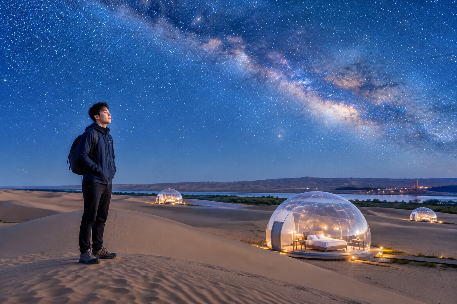 Transparent star-bubble rooms on the dunes under a starry night sky at Shapotou.