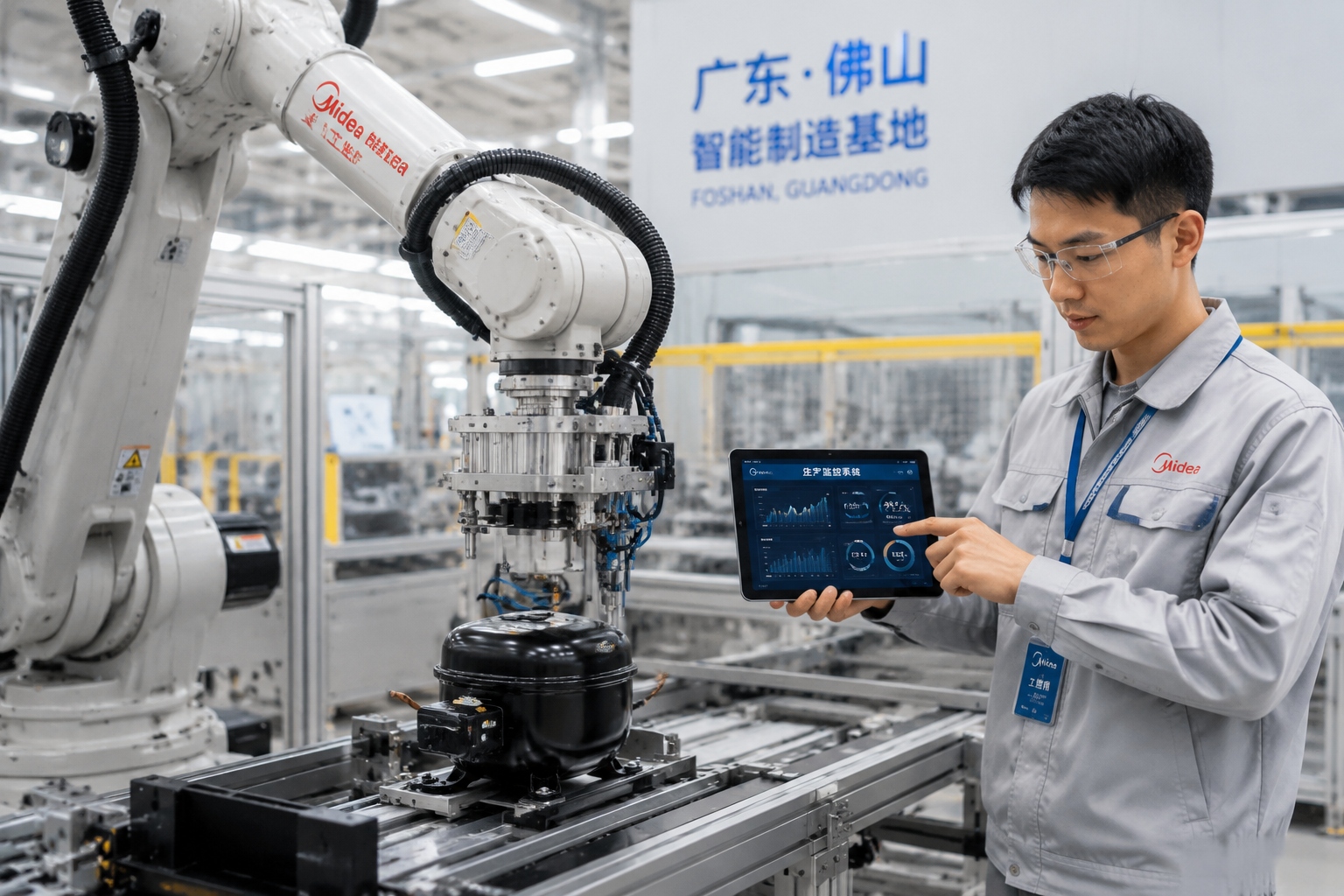 A robotic arm assembles an air conditioner compressor at a factory in Foshan's Beijiao town while a worker monitors via tablet.