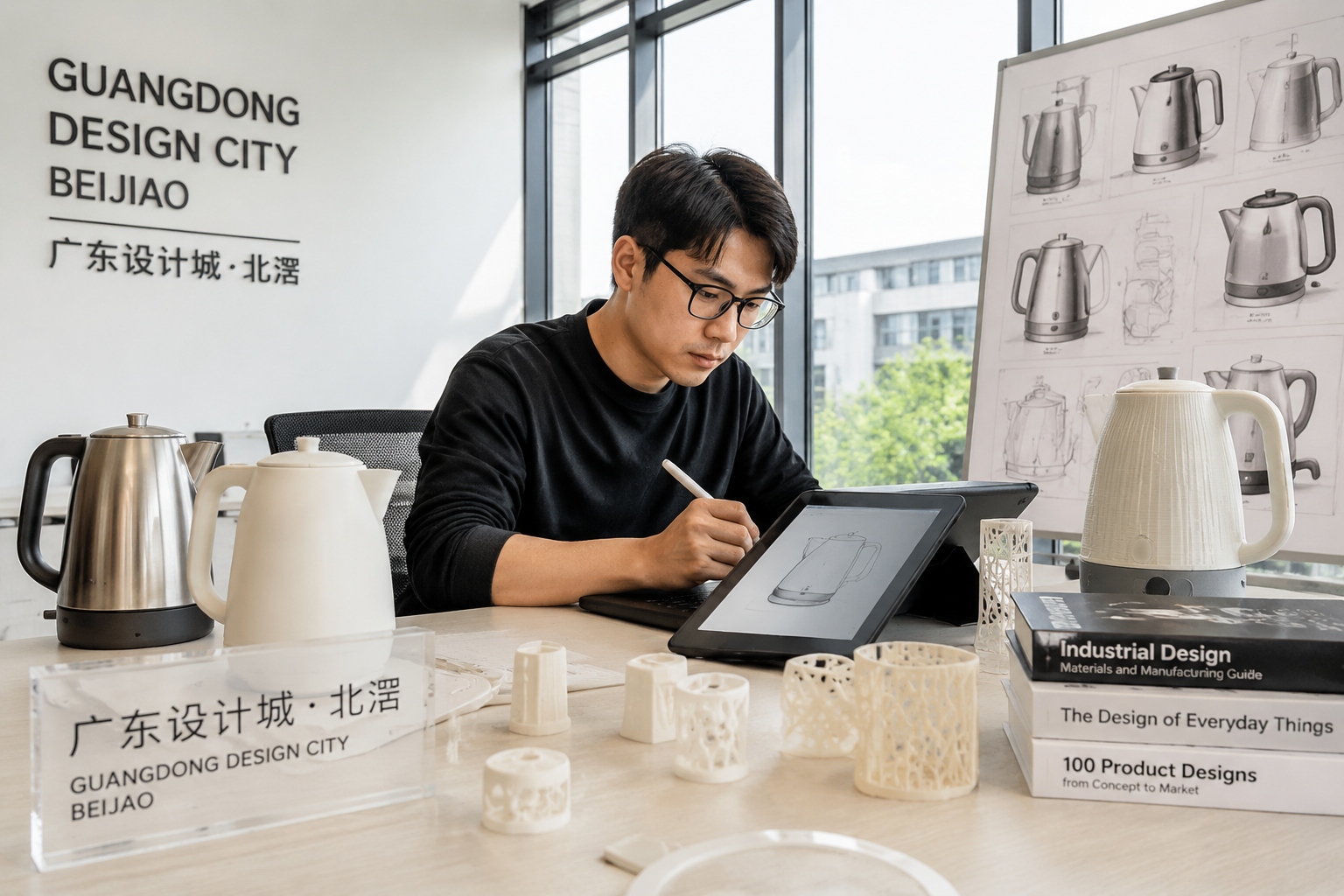 A designer works at Guangdong Design City in Beijiao, with appliance prototypes and 3D-printed models on the desk.