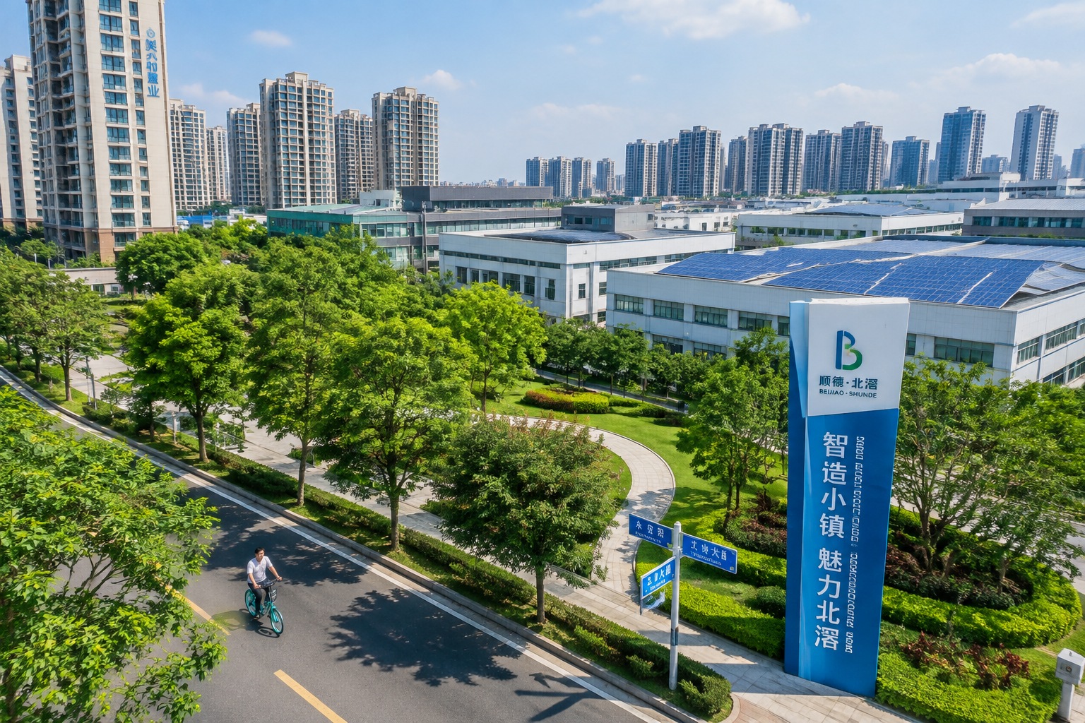 An aerial view of Beijiao shows residential towers and green parks next to clean factory buildings.