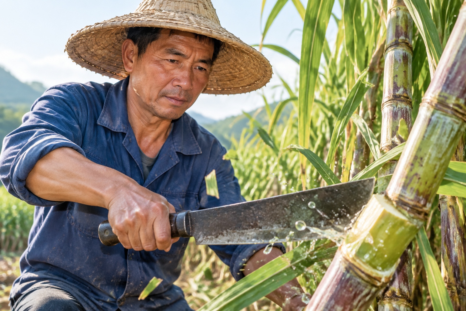A farmer in Guangxi cutting sugarcane by hand during the harvest season, with green stalks piled around him