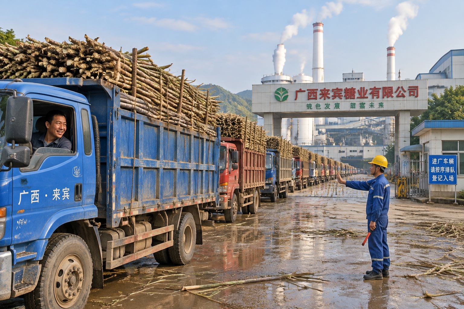 Trucks loaded with sugarcane lined up at a sugar mill in Guangxi, China, with plant steam rising in the background