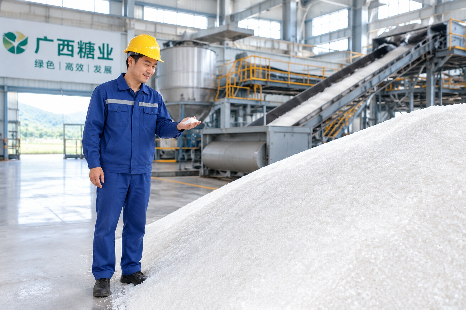 White sugar pile inside a Guangxi sugar factory with a worker in safety gear walking nearby