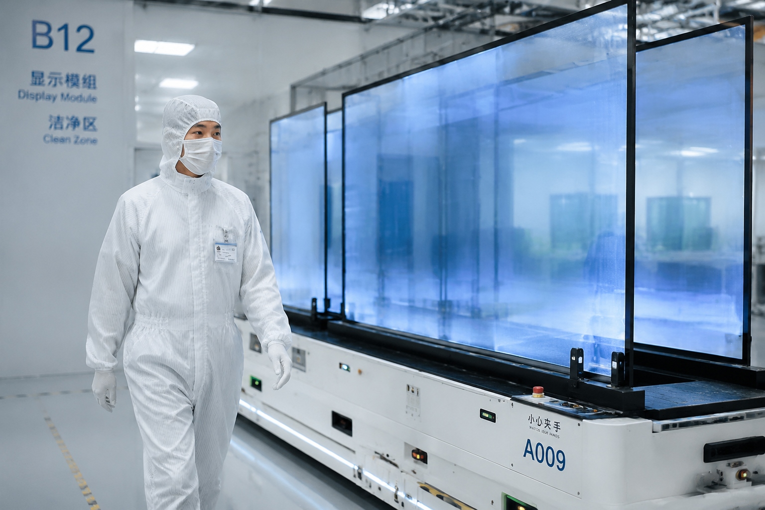 Worker in cleanroom suit monitoring large display glass panels on automated vehicle at BOE Fuzhou factory