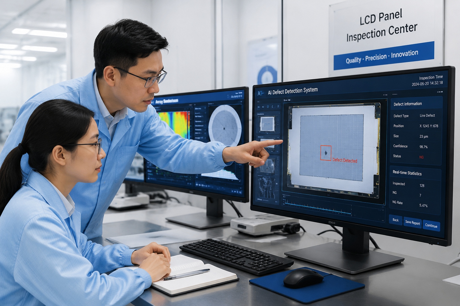Engineers reviewing AI inspection data of LCD panels at BOE Fuzhou