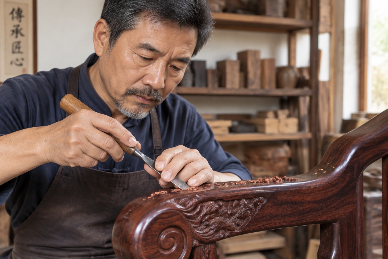 Craftsman's hands carving a dragon motif on a fragrant rosewood chair in Putian workshop