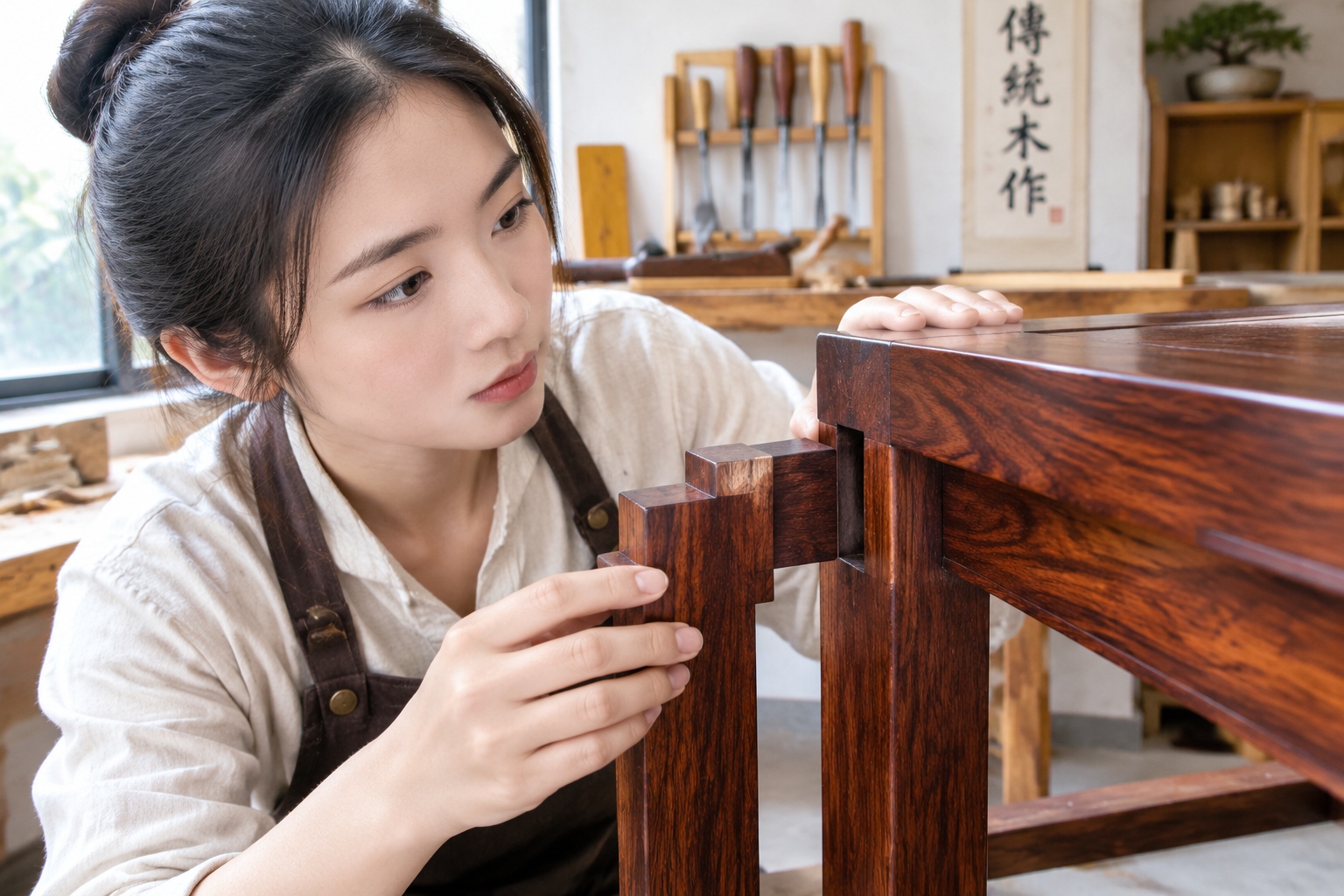 Close-up of a mortise-and-tenon joint on a handmade rosewood table in Putian