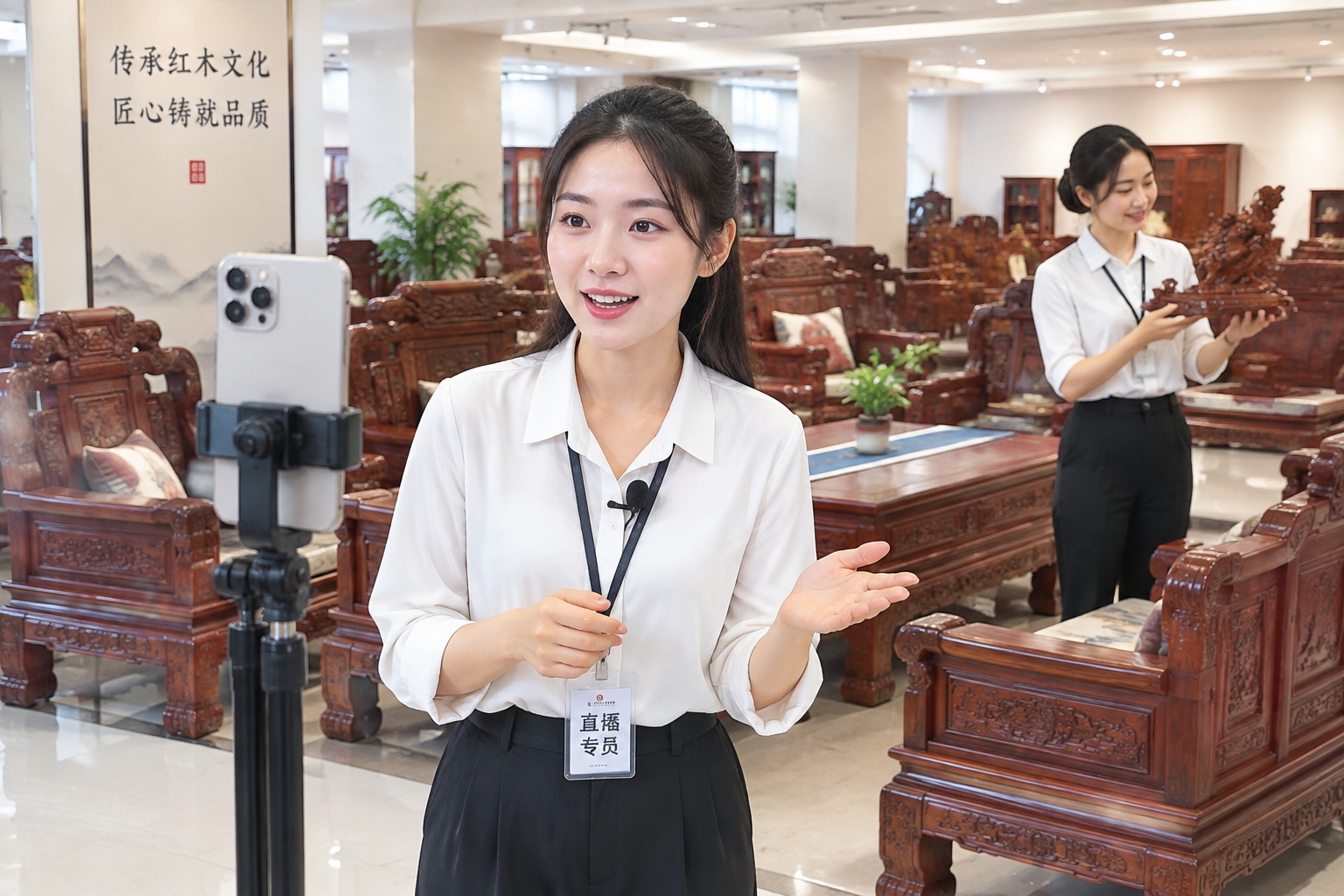 Young woman livestreaming rosewood furniture sales from a showroom in Putian, China