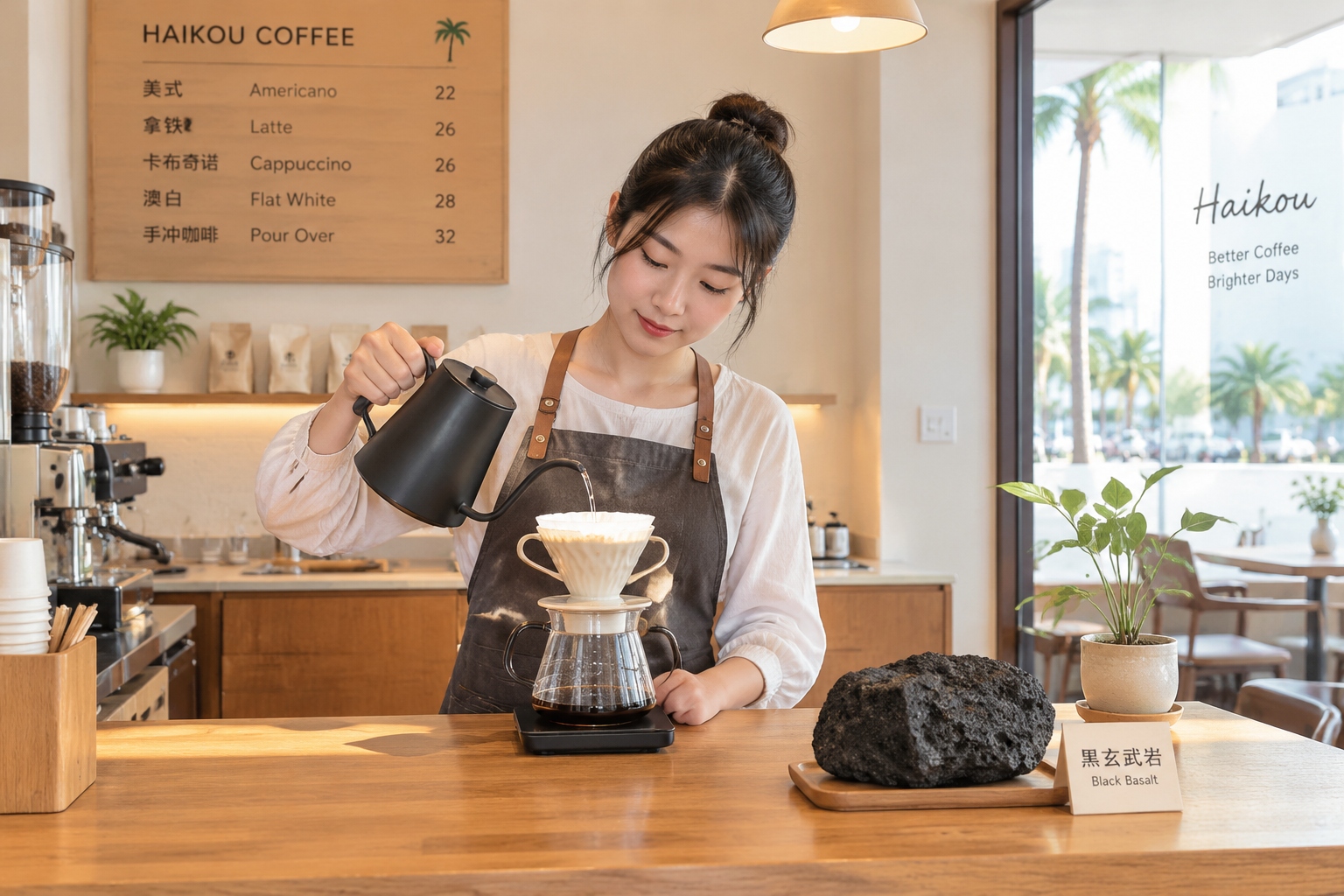 Barista brewing Haikou volcanic pour-over coffee with a piece of basalt rock next to the coffee dripper in a cozy café.