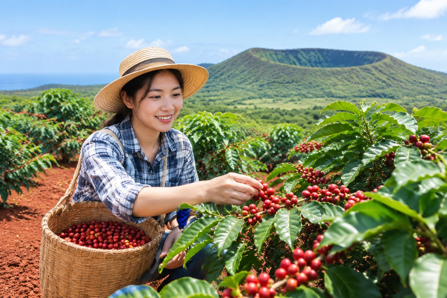Coffee farmer hand-picking ripe red coffee cherries on a volcanic coffee farm in Haikou, Hainan.
