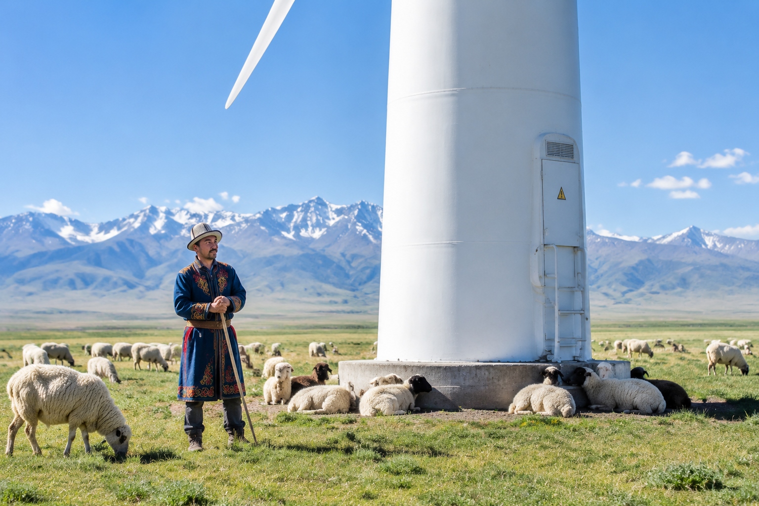 Sheep grazing around the base of a white wind turbine in a Xinjiang grassland, with a herder nearby.