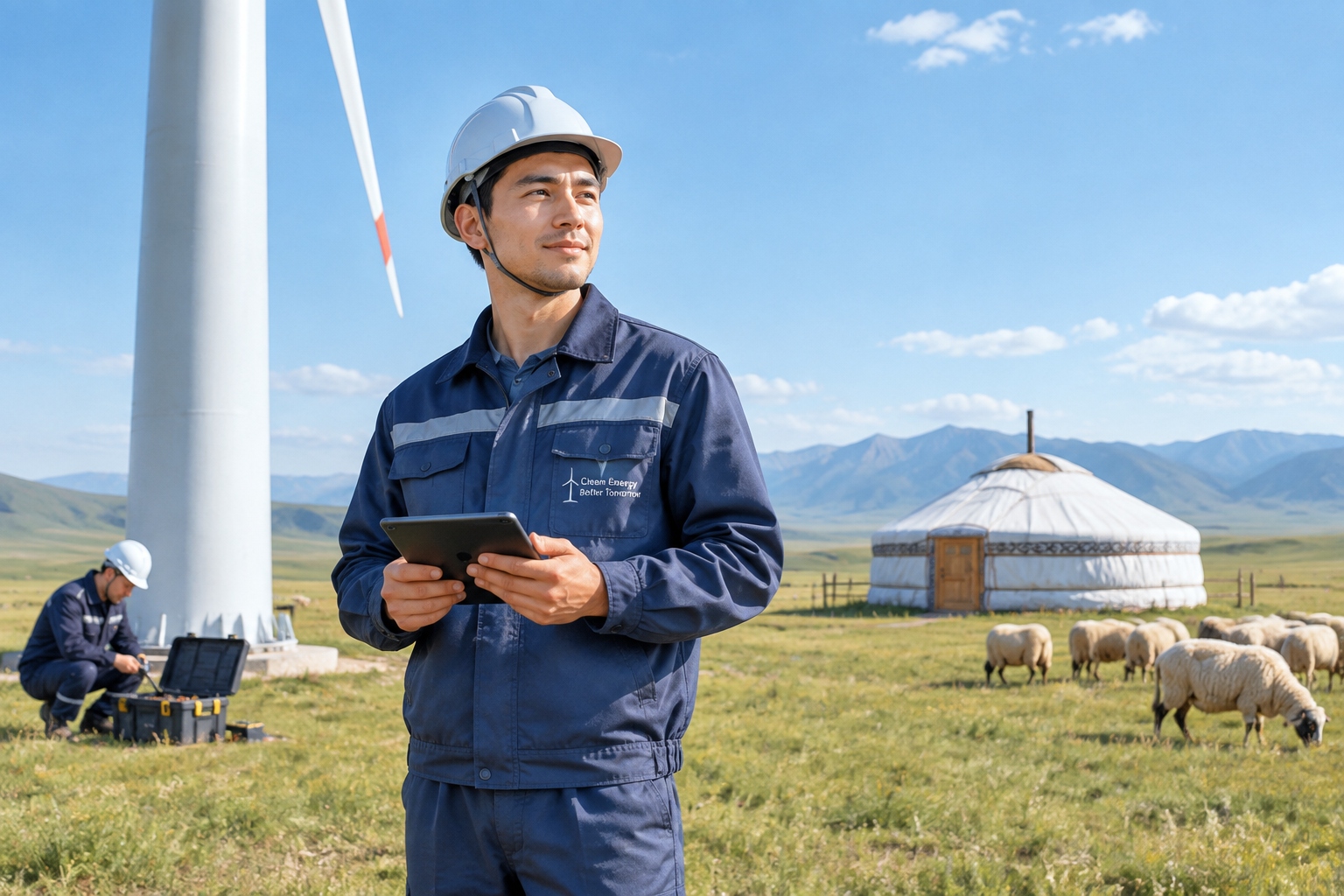 A young herder-turned-technician checks a wind turbine while a yurt and sheep are visible in the background.