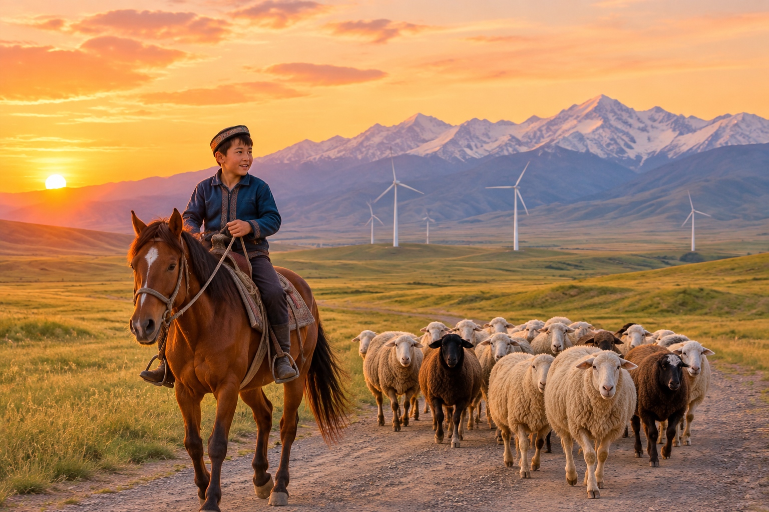 At sunset, a boy on horseback drives sheep past wind turbines near the Tianshan mountains in Xinjiang.