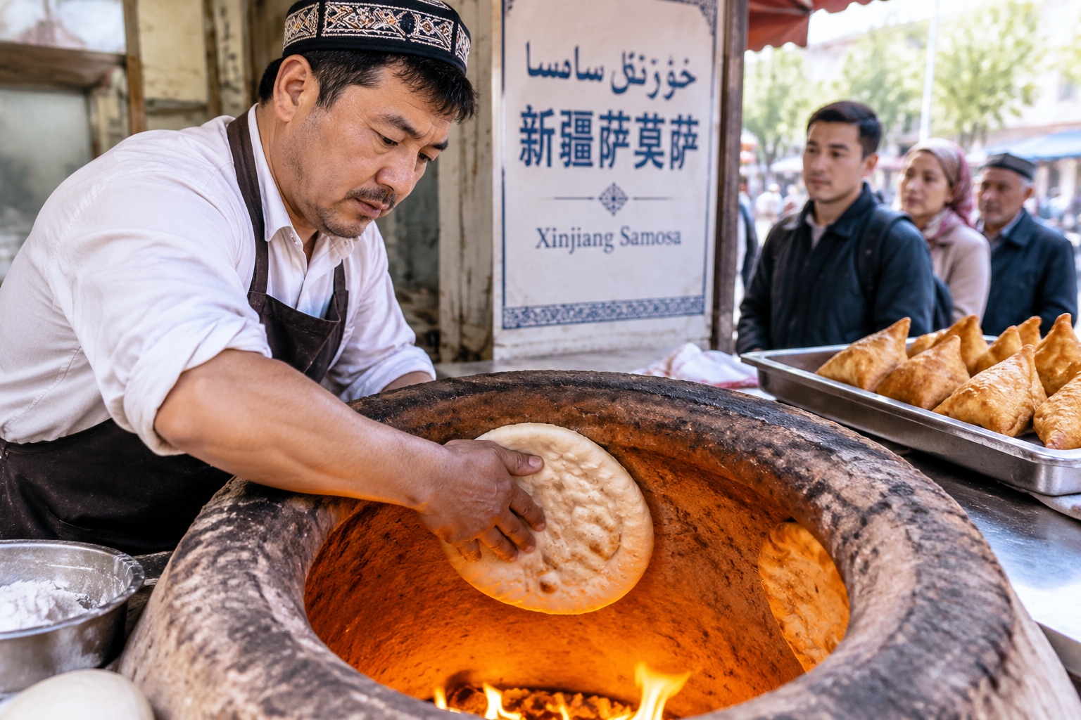 Vendor placing dough buns into a clay tandoor at a Xinjiang samosa stall