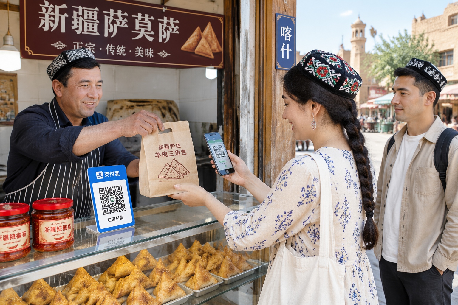 Customer paying for samosas with a smartphone QR code at a Kashgar street stall