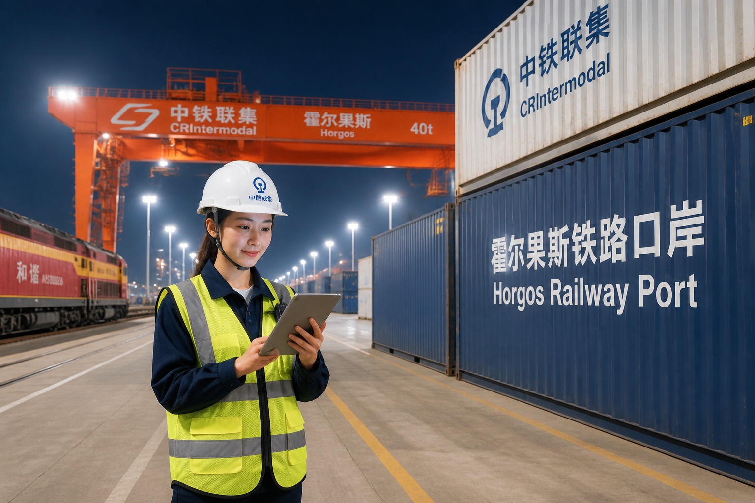 Young customs broker at Horgos port at night reviewing cargo data on a tablet