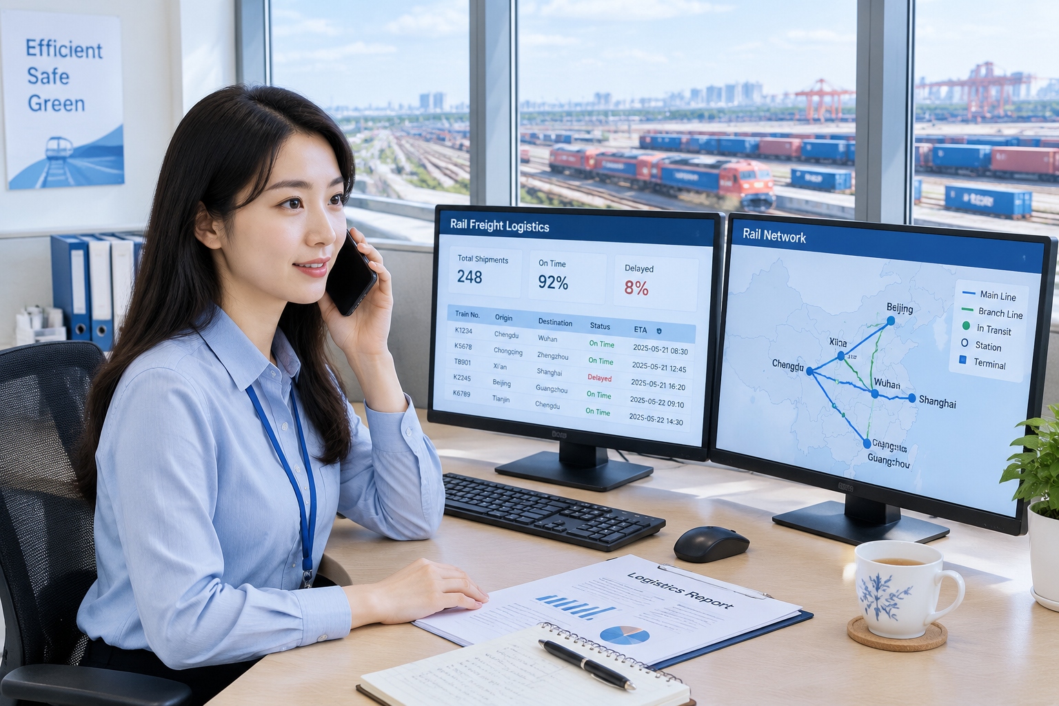 Customs broker at a desk with multiple monitors in an office overlooking the Horgos rail yard