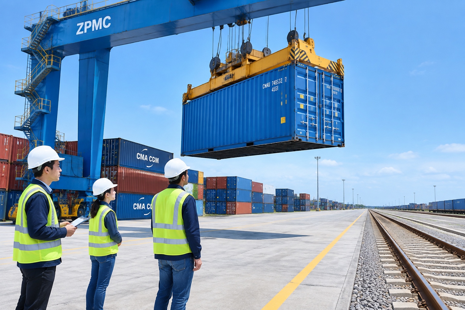 Young workers supervising container transfer between different gauge railway tracks at Horgos