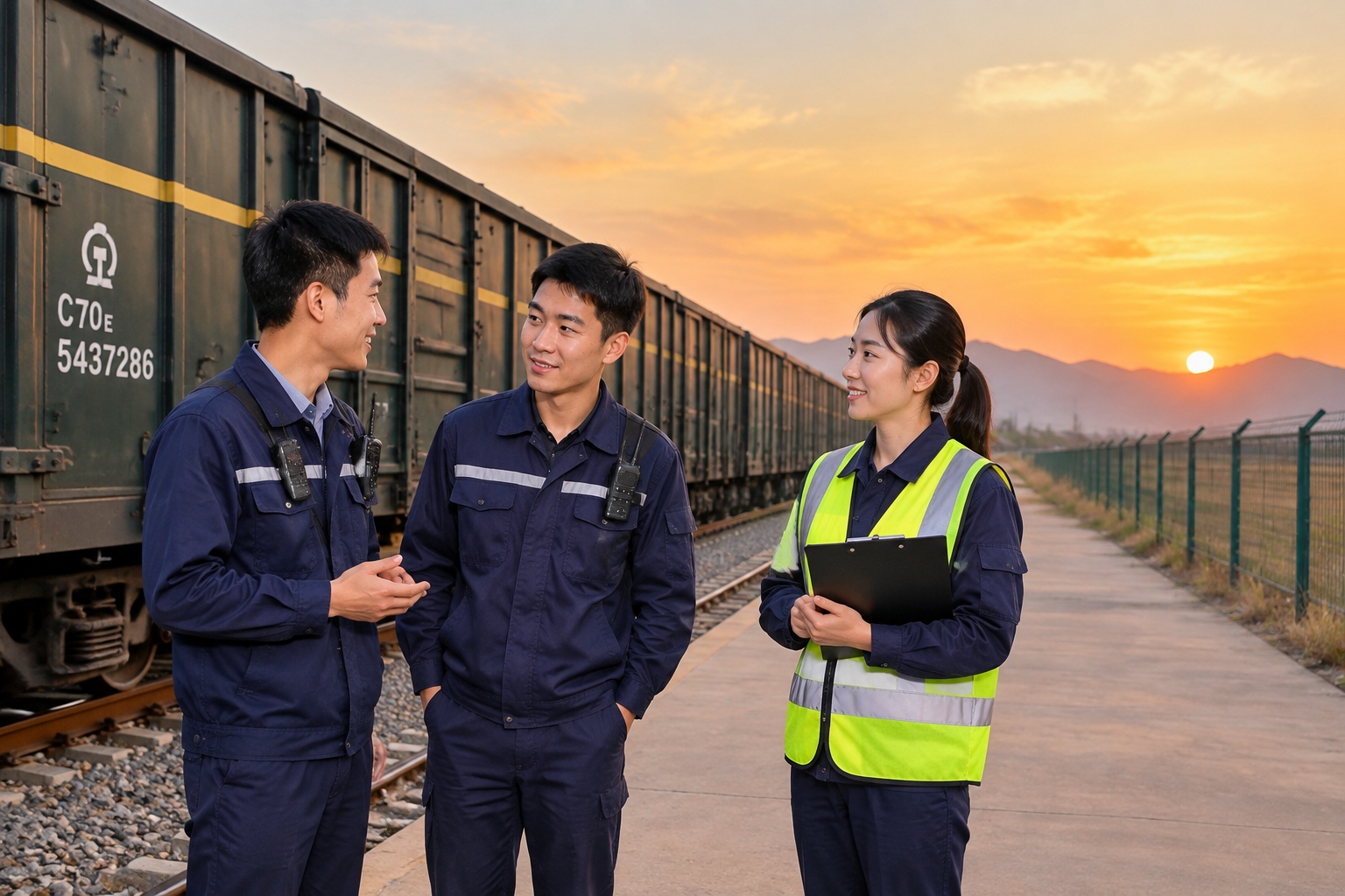 Young logistics workers chatting beside a China-Europe freight train at dusk