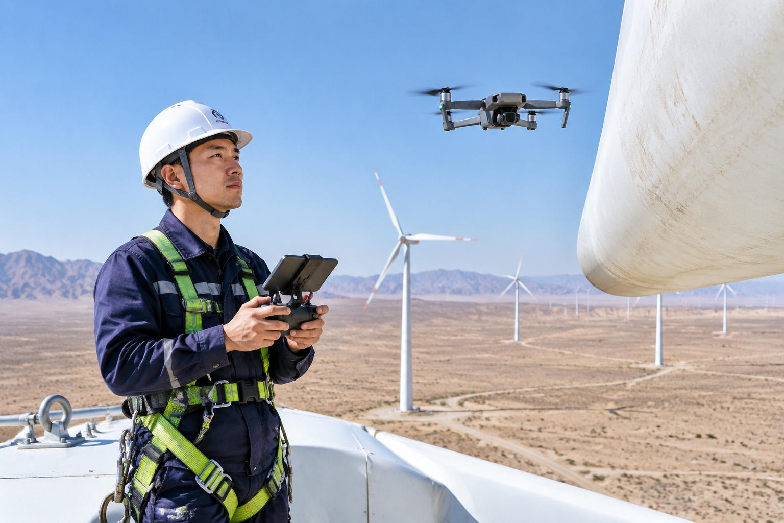 Engineer inspecting a wind turbine blade with a drone at Jiuquan Wind Farm