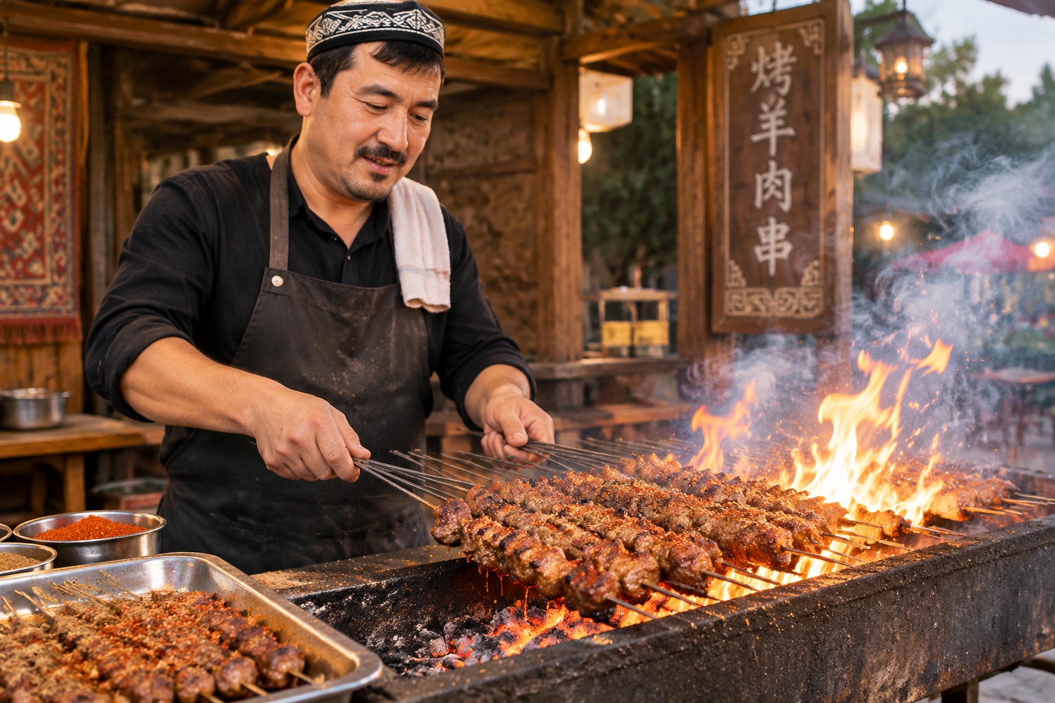 A Day in the Life of a Xinjiang Lamb Skewer Vendor: A Symphony of Charcoal and Cumin 23 Xinjiang lamb skewers roasting over charcoal, seasoned with cumin and chili powder.