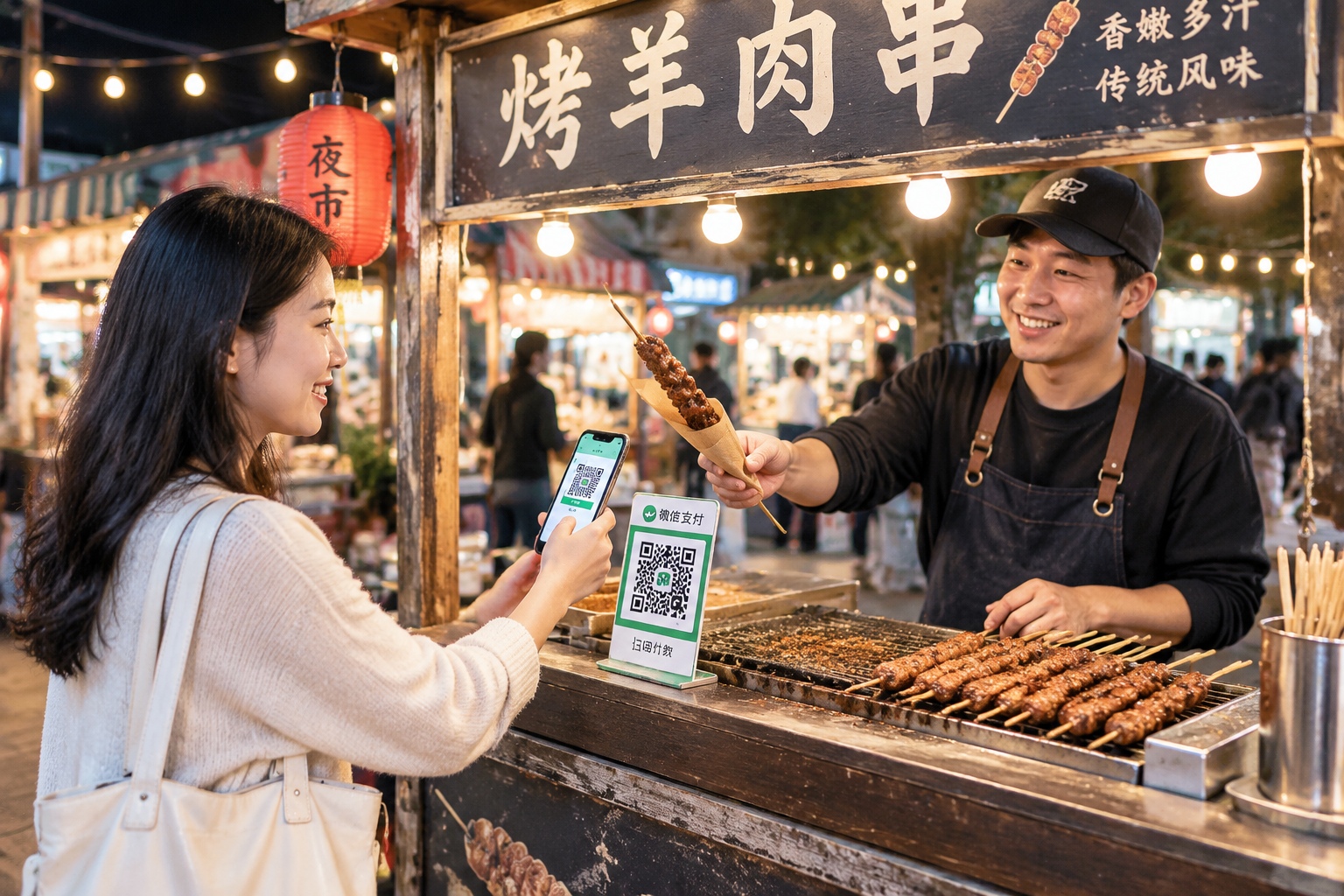 A Day in the Life of a Xinjiang Lamb Skewer Vendor: A Symphony of Charcoal and Cumin 24 Customers paying for lamb skewers by scanning a QR code at a Xinjiang night market.