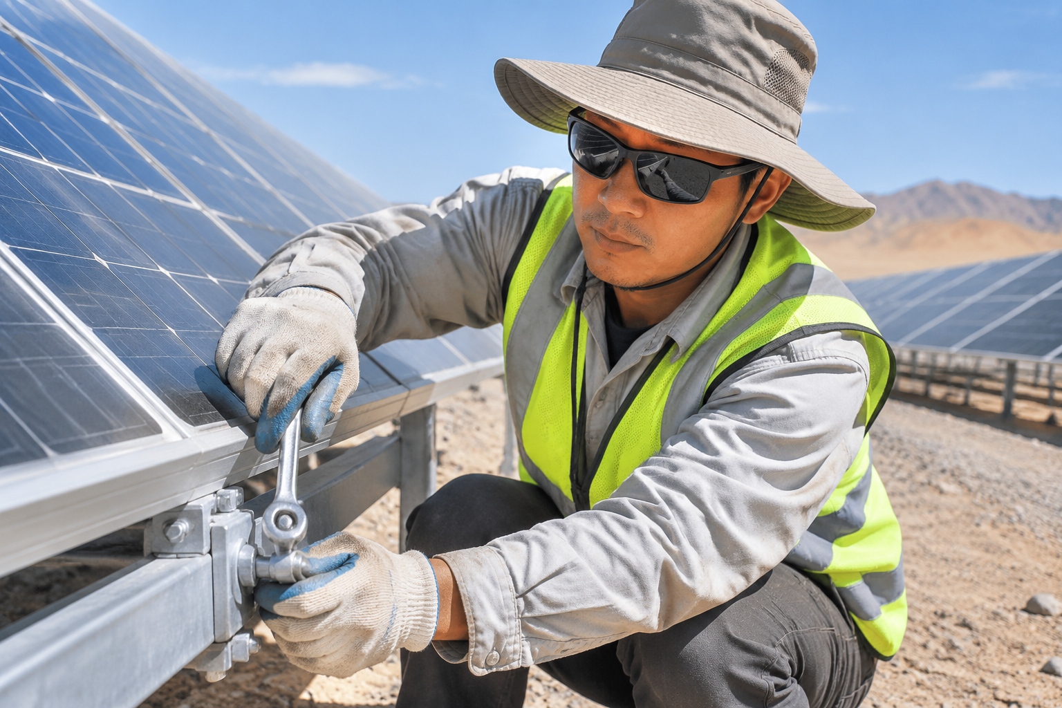 Workers installing solar panels on a solar farm in Xinjiang's Gobi Desert