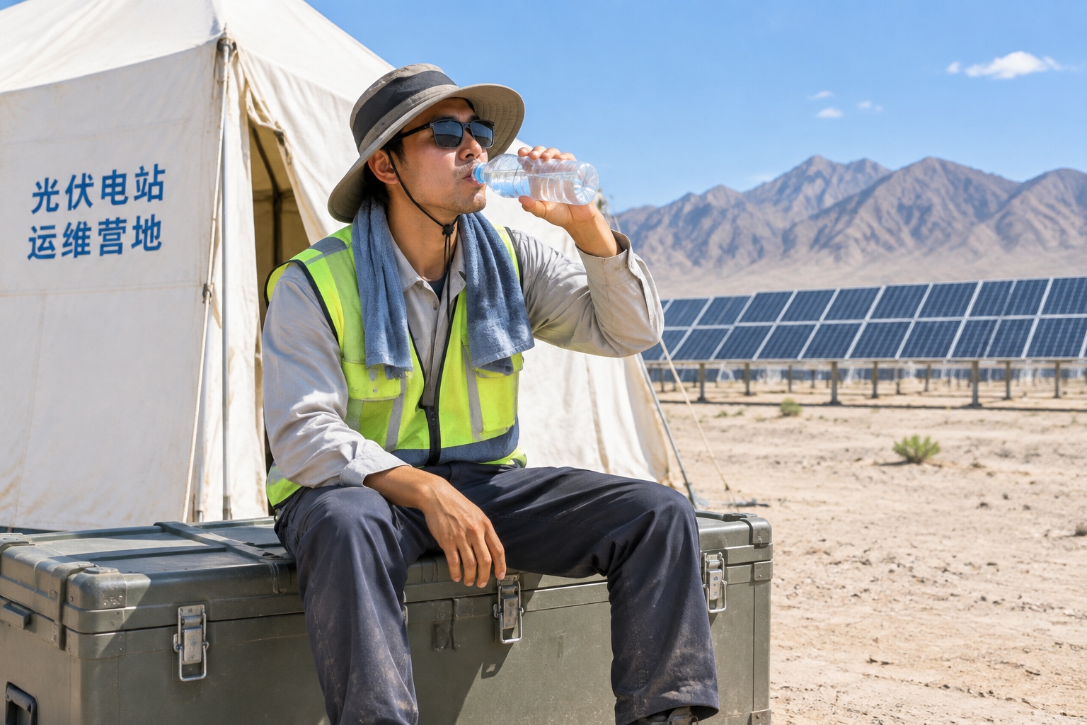 A solar installation worker cools down with a wet towel in the desert heat
