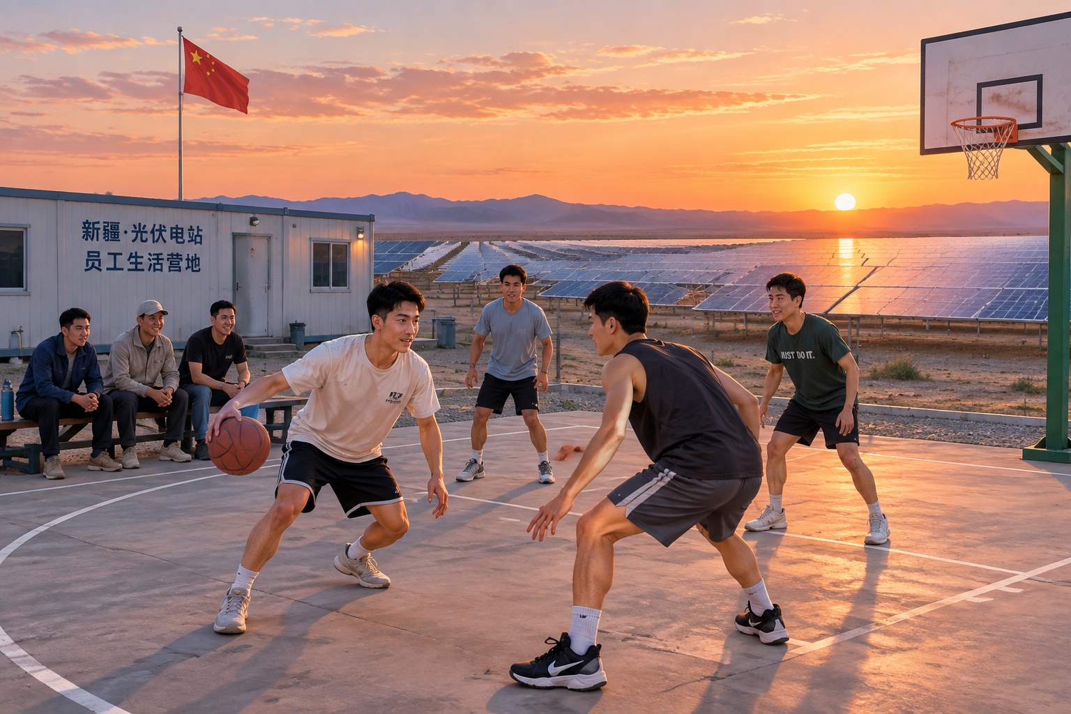 Solar farm workers relaxing and playing basketball in their camp in Xinjiang after sunset
